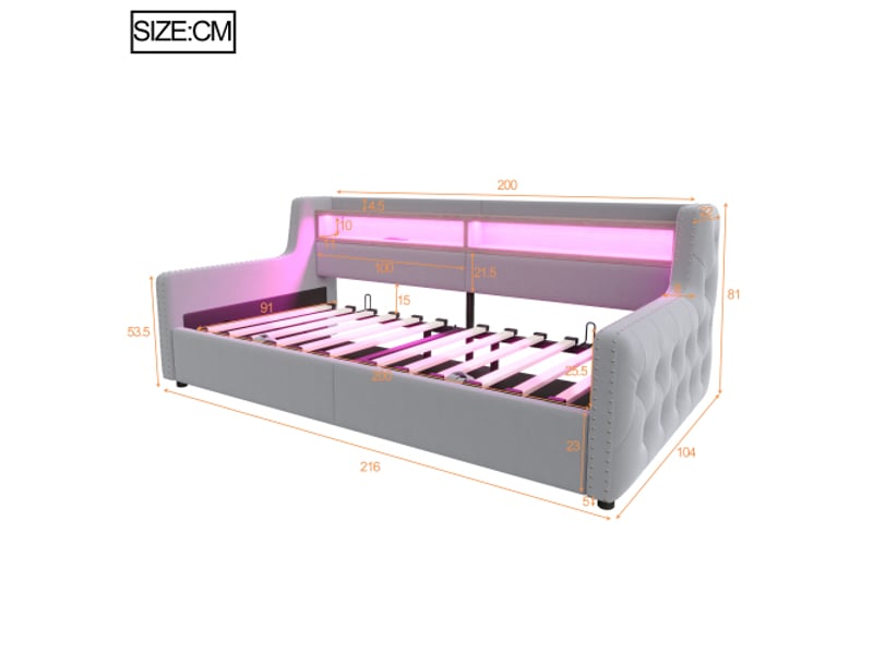  Canapé-lit 90x200 cm capitonné gris clair - coffre hydraulique, led, rangements, prise usb et charge, cadre à lattes  - Conforama C