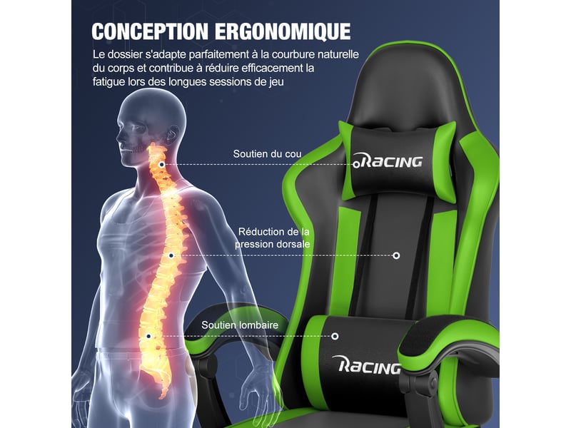  Chaise gaming, fauteuil de bureau ergonomique avec repose-pieds télescopique, chaise bureau avec appui-tête et soutien lombaire, fauteuil gaming ergonomique 150 kg, réglable en hauteur, vert  - Conforama C