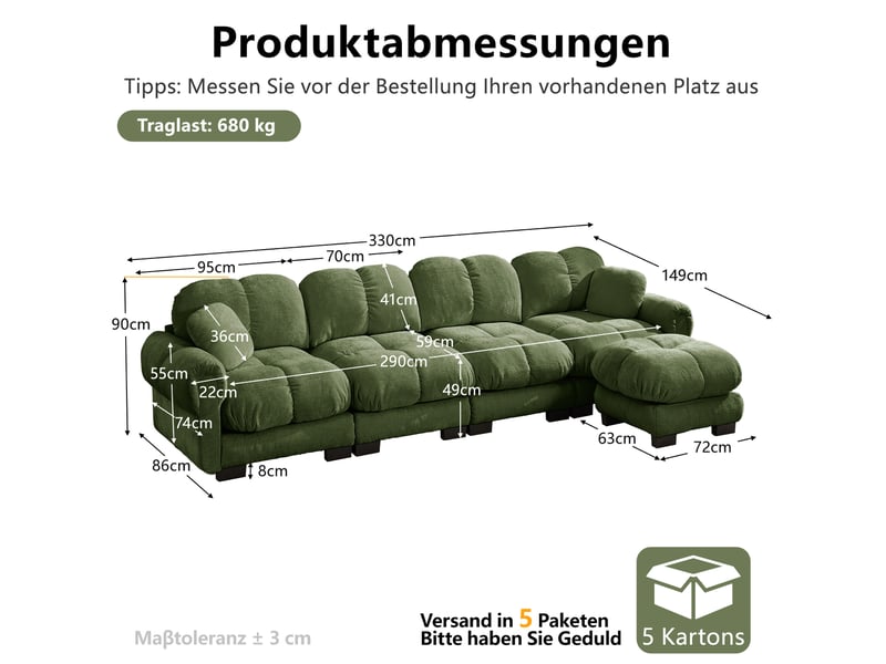 Canapé d'angle fixe 4 places en tissu vert avec ottomane mobile, design matelassé pour le salon - Conforama C