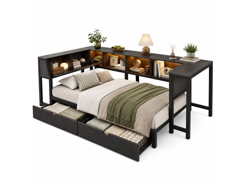 Lit simple 90×200 cm avec bureau, 2 tiroirs, led et rangement - okmyhome- noir, sans matelas, mdf et métal - Conforama A