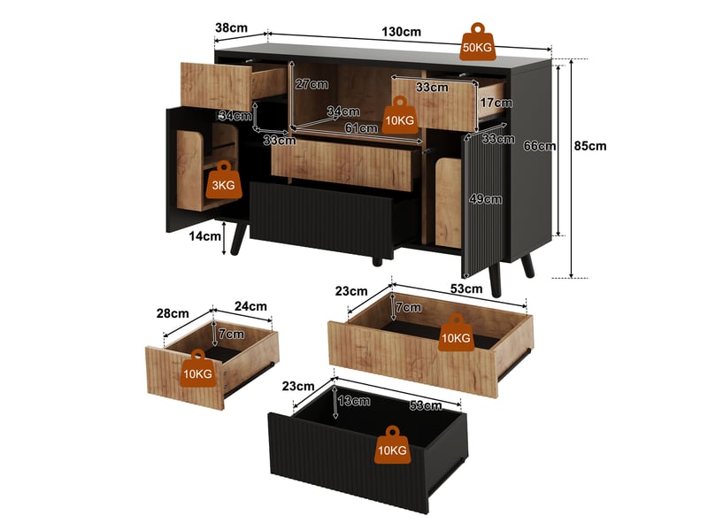 Buffet bas 130x38x85 cm avec 4 tiroirs, led rgb, rangements de porte, étagères réglables, façades rainurées, mdf effet bois naturel et noir - Conforama D