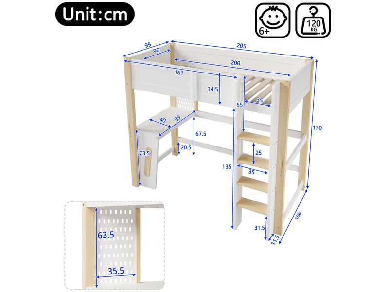  Lit mezzanine 90x200 cm, avec bureau et panneau perforé, led, en bois, naturel et blanc, sans matelas  - Conforama C