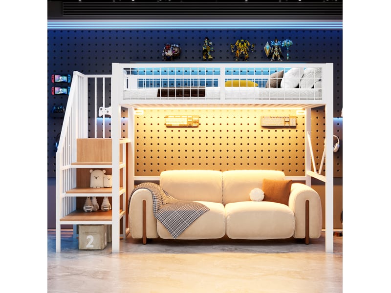  Lit mezzanine 90x200 cm avec escalier de rangement, led, cadre en métal couleur blanc sans matelas  - Conforama E