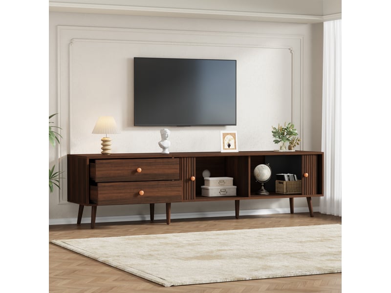 Meuble tv ulevr 180 x 40 x 46,5 cm avec rangement, 2 tiroirs et 2 portes à rideau, mdf coloris noyer, jusqu’à 80 pouces - Conforama D