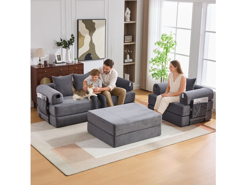  Canapé modulable 4 places en velours côtelé gris foncé avec pouf, poche latérale et design convertible  - Conforama E