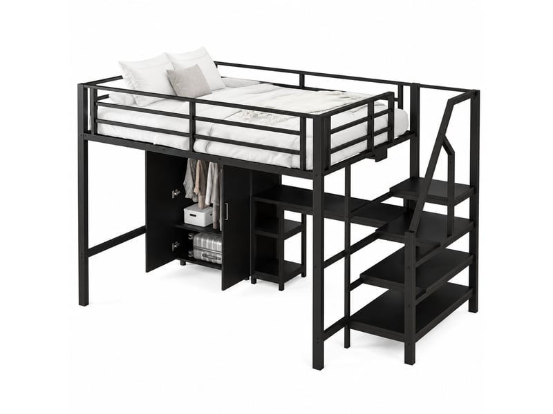  Lit mezzanine enfant 200×140 cm avec armoire, bureau, étagères et rangements dans l’escalier, sans matelas  - Conforama A