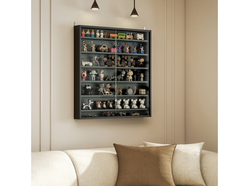  Tableau d'affichage en bois à 6 niveaux réglable avec portes vitrées, 80 x 9,5 x 83 cm, noir  - Conforama D
