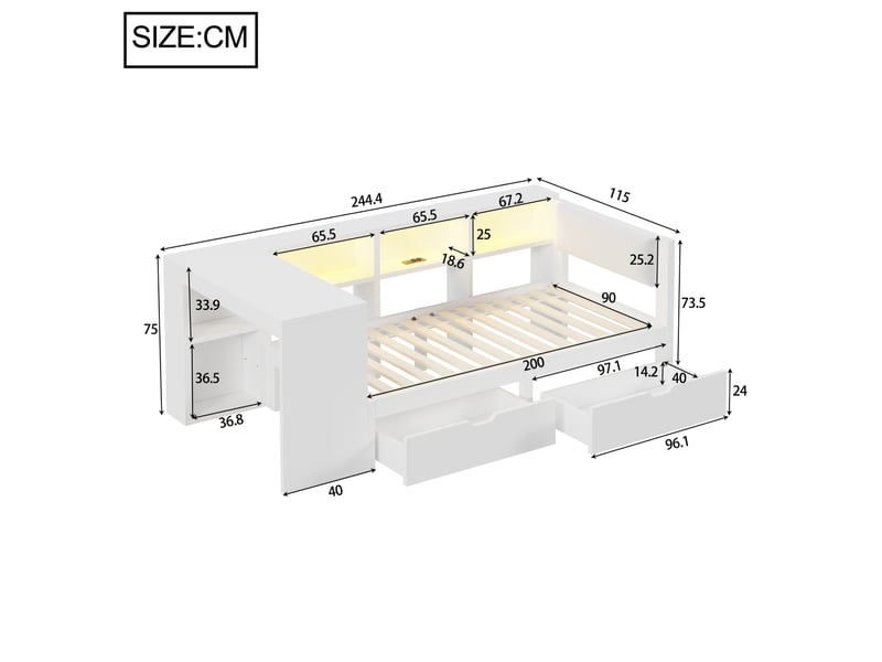 Lit enfant tiroirs 90x200cm station charge intégrée éclairage led tête rembourrée mdf, tissu lin blanc sans matelas  - Conforama C