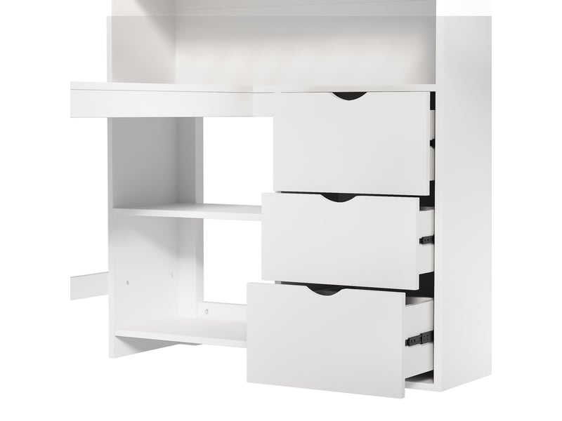  Lit mezzanine 140x200cm, plusieurs compartiments de rangement, échelle, bureau, 3 tiroirs, blanc  - Conforama E