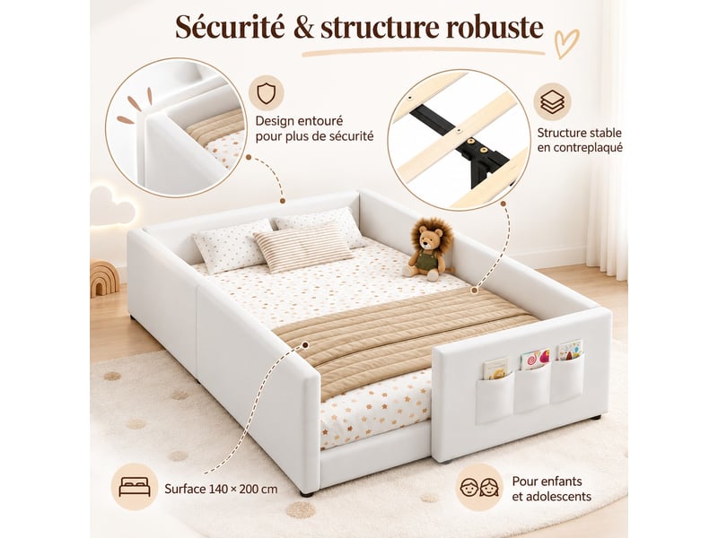  Lit enfant rembourré 140 x 200 cm avec sommier à lattes, côtés matelassés, lit d'appoint pour chambre, blanc  - Conforama D