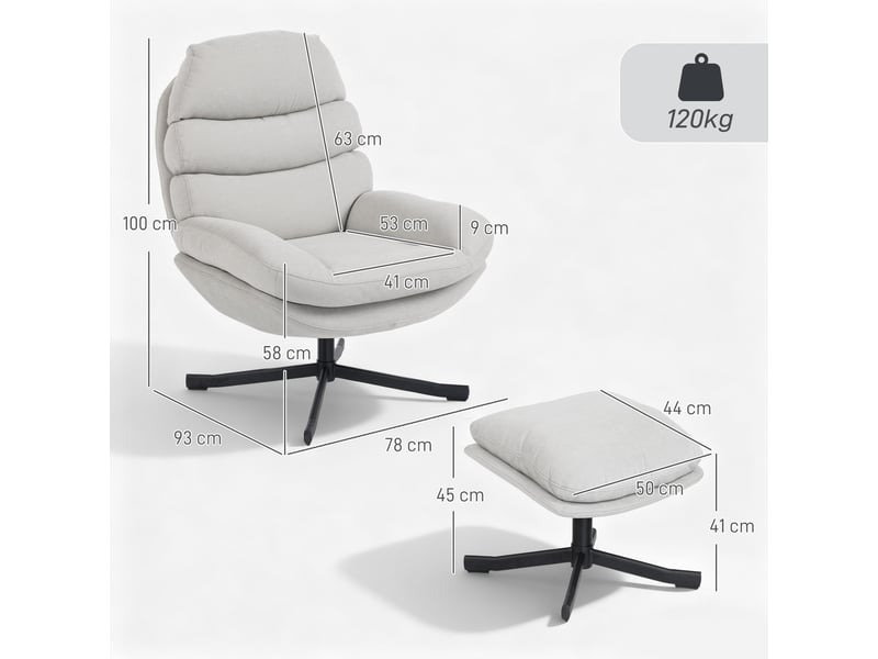  Fauteuil inclinable avec repose-pieds, fauteuil lounge en tissu chenille, fauteuil tv moderne, 78 x 93 x 100 cm, blanc crème  - Conforama E