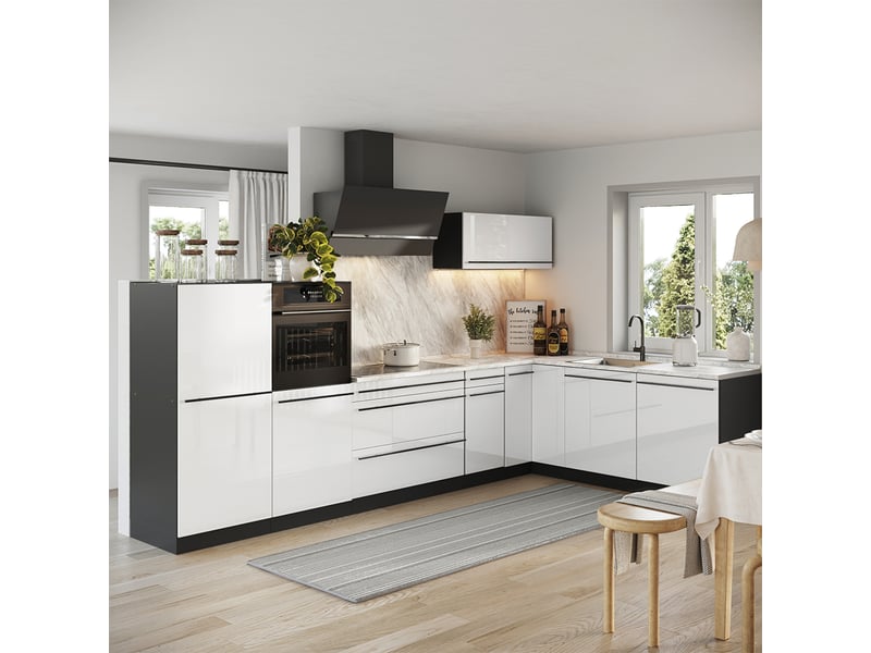  Vicco cuisine en angle, blanc haute brillanceanthracite, 347 x cm plan de travail marbre  - Conforama C