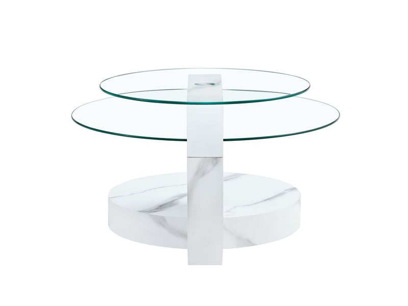  Table basse design minimaliste à deux niveaux plateau en verre de sécurité effet marbre blanc structure de support en mdf  - Conforama A