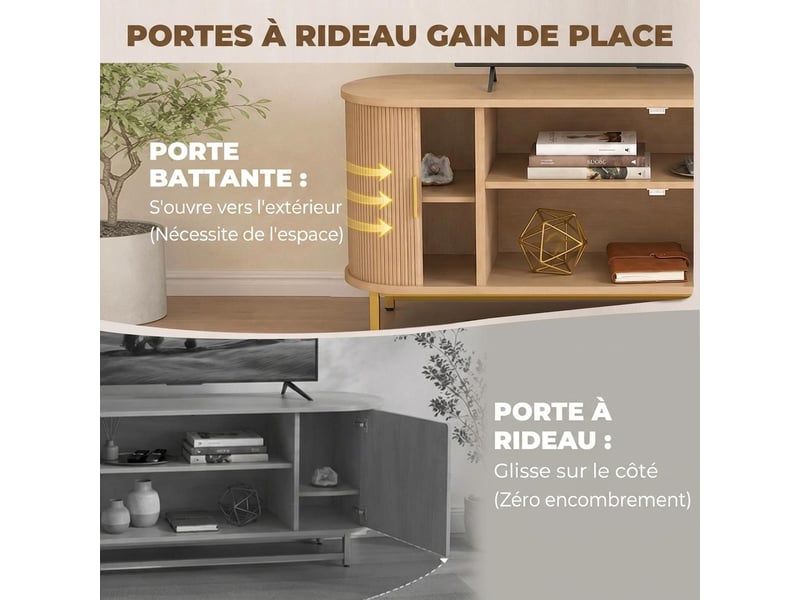  Meuble tv 4 portes avec prises intégrées coloris chêne 140 x 40 x 55 cm  - Conforama E