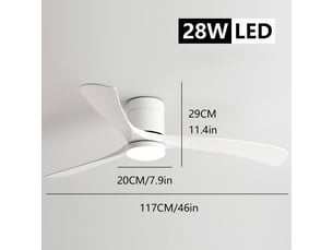 Ventilateur de plafond avec éclairage led 24w, 116 cm, 6 vitesses, télécommande, 3 températures de couleur, pales abs, moteur dc réversible(blanc)