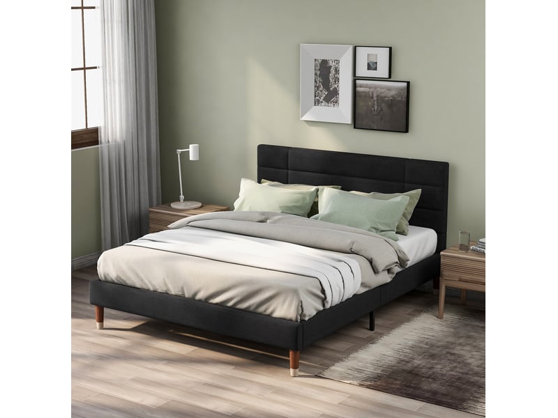  Lit rembourré tcqpz 140 x 200 cm avec sommier et matelas, tête de lit, noir, lin, bois  - Conforama E