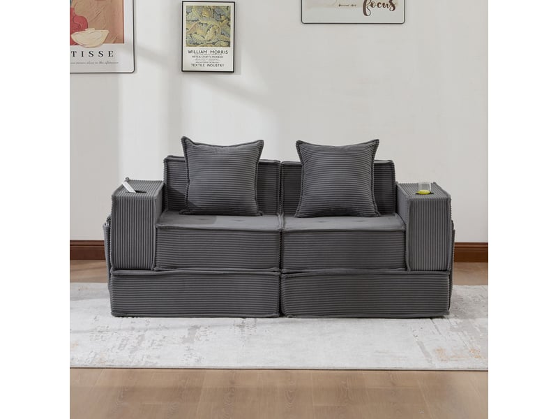 Canapé-lit 2 places convertible avec pouf de rangement, 2 coussins inclus, poches latérales, tissu doux, canapé modulable confortable - Conforama B