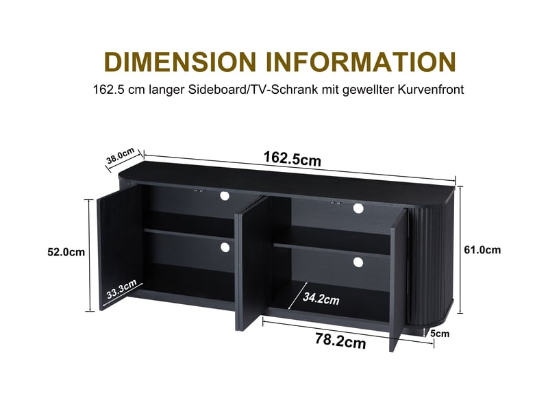 Meuble tv noir 162x38x61 cm, buffet design ondulé mdf, rangement caché 4 portes sans poignées pour salon - Conforama C