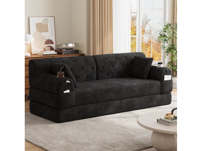  Canapé-lit 3 places modenvie convertible en velours côtelé noir, dossier haut, 4 poches, 2 porte-gobelets, 208 x 80 x 81 cm  - Conforama B