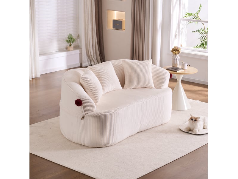 Canapé droit 2 places incurvé avec 3 coussins et pompons décoratifs, sans cadre rigide en velours côtelé blanc - Conforama E