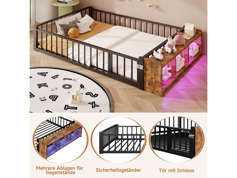  Lit double 140 x 200 cm, lit adulte structure métal robuste noir, garde-corps, rangements verrouillables, éclairage led  - Conforama E