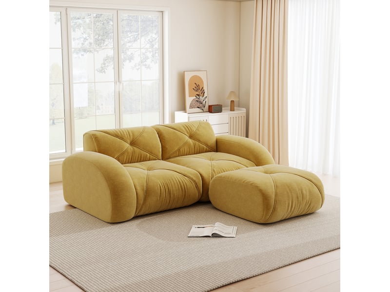  Canapé modulable 2 places 204x171x76 cm, design antiglisse, mousse haute densité 32d, avec pouf, revêtement en chenille, jaune  - Conforama D