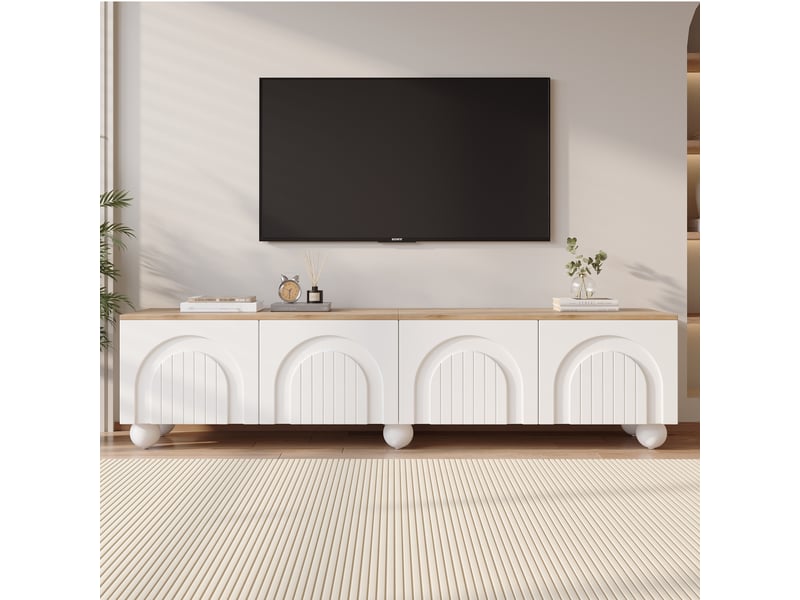  Meuble tv bas 180x40x45 cm pour écran jusqu’à 80 pouces, meuble télévision avec 4 portes push-to-open, 6 pieds boule en métal, mdf, blanc et bois OPULERANE TRADING LTD - Conforama B