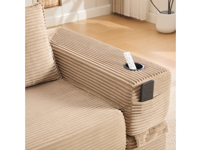  Canapé convertible 2 places en velours côtelé kaki avec tiroir de rangement et porte-gobelet  - Conforama R