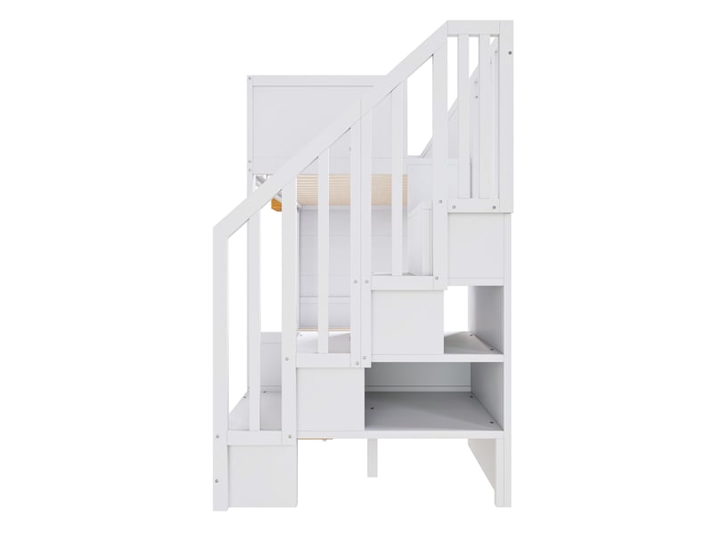  Lit superposé enfant 90x200 cm, 2 tiroirs inclus, bureau, escalier avec rangement, bois et mdf blanc  - Conforama E
