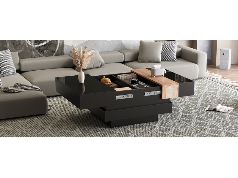  Table basse carrée 70x70x39 cm noire en panneau de particules avec plateau extensible et rangement dissimulé evarich - Conforama E