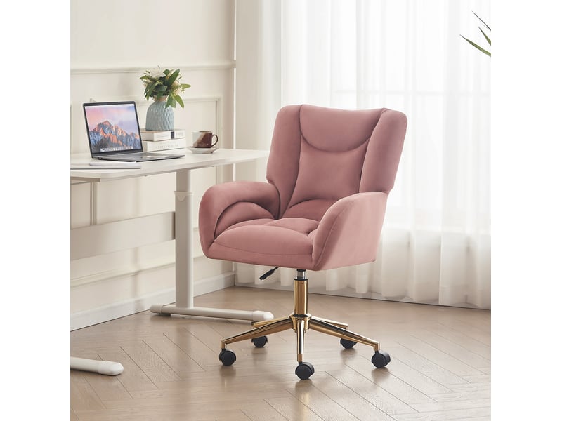  Chaise de bureau pivotante réglable en velours rose, base métal doré et roulettes 360°, pour votre espace de travail  - Conforama E