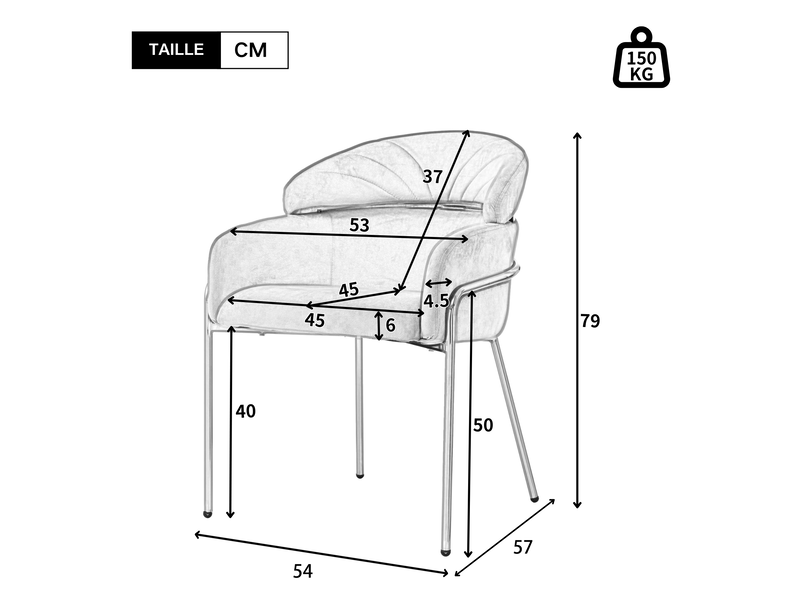  Lot de 4 chaises de salle à manger en velours gris avec accoudoirs, pieds en métal doré, style chic précieux, salon ou chambre  - Conforama C