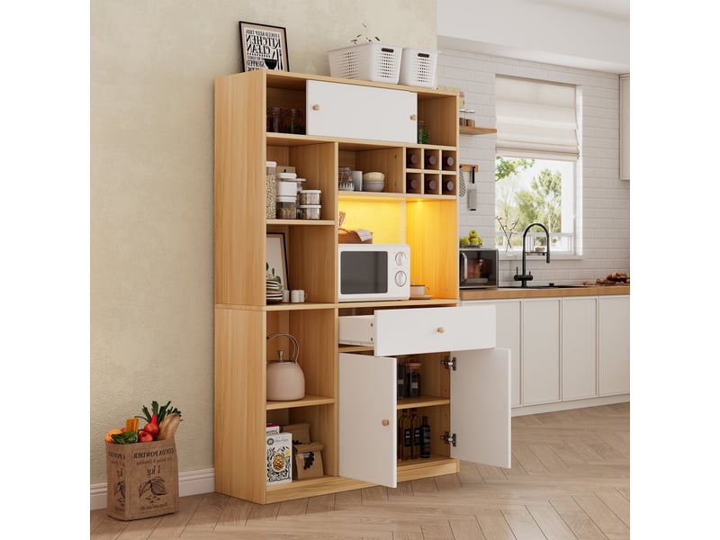  Buffet de cuisine - 115x35x180cm - meuble haut avec led étagères range-bouteilles grand espace micro-ondes - blanc et chêne  - Conforama C