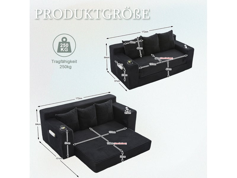  Canapé modulable 3 places modenvie en velours côtelé noir avec porte-gobelets et poches latérales 172 x 87 x 64 cm  - Conforama C