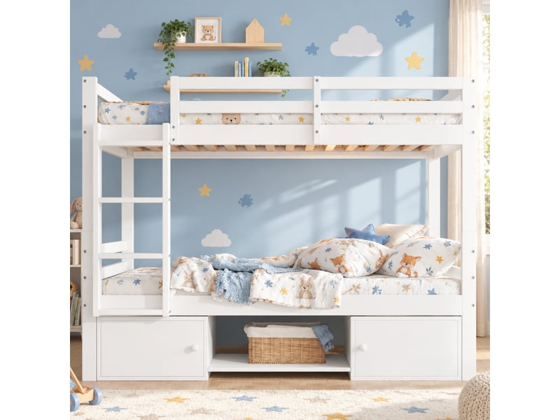 Lit superposé enfant 90 x 200 cm, séparable en 2 lits simples, étagères, meuble à chaussures, casiers de rangement, blanc - Conforama B