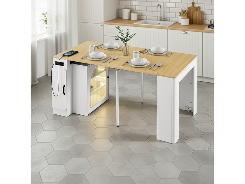  Îlot de cuisine - chariot de cuisine avec table extensible, 3 compartiments et prise électrique, meuble mobile en mdf et verre - natural + blanc - 83×39,6 79,6 119,6 149,6×77 cm  - Conforama D