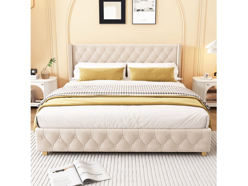  Lit rembourré tcqpz 160 x 200 cm avec sommier à lattes, tête de lit, velours beige clair  - Conforama D