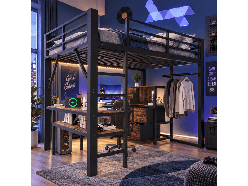 Lit mezzanine 140x200 cm en métal avec bureau d'angle, 7 tiroirs en tissu, led, prises eu, usbtype-c, brun vintage et noir. - Conforama B
