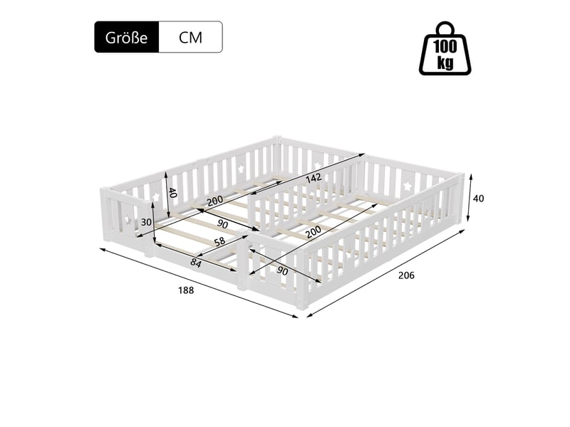  Lit au sol enfant 2x90x200 cm - lit montessori avec sommier à lattes + barrière de sécurité - lit double 2 places - pin massif blanc  - Conforama R