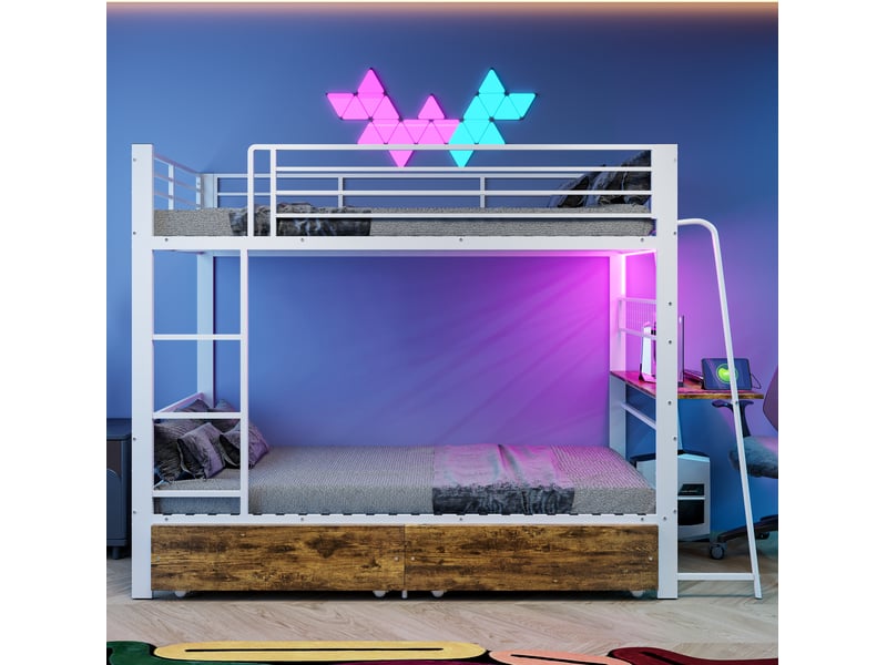  Lit superposé 90x200 cm avec bureau, led et tiroirs, blanc mat  - Conforama D