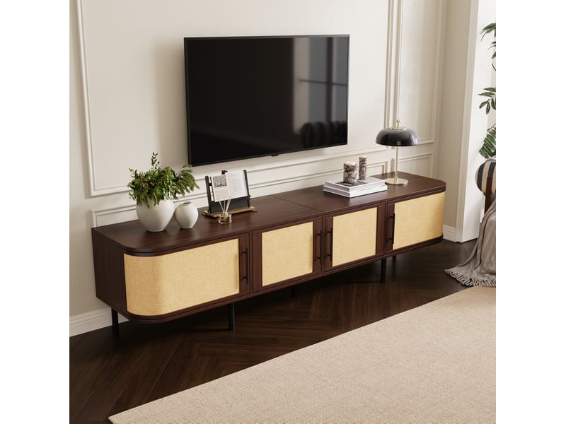  Meuble tv tcqpz 180 x 40 x 45 cm 4 portes rangement mdf noyer  - Conforama E