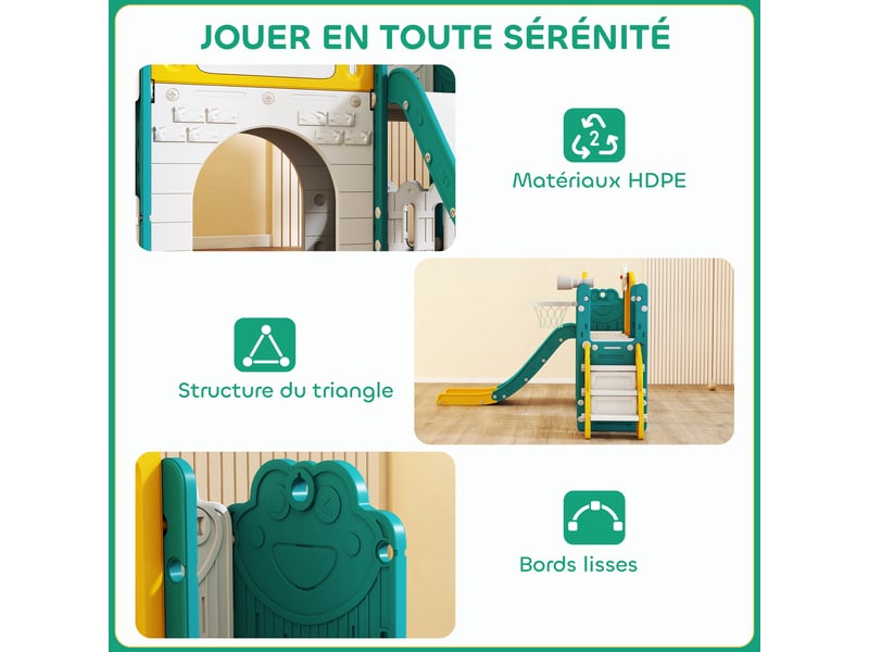  Toboggan pour enfant 7 en 1 avec panier de basket, télescope, rangement, tunnel, escalade, tableau de dessin, jaune  - Conforama R