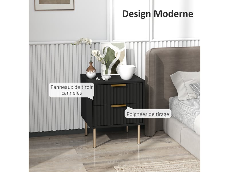  Table de chevet, table de nuit cannelée avec 2 tiroirs et pieds en acier, pour chambre à coucher, noir, salon  - Conforama A