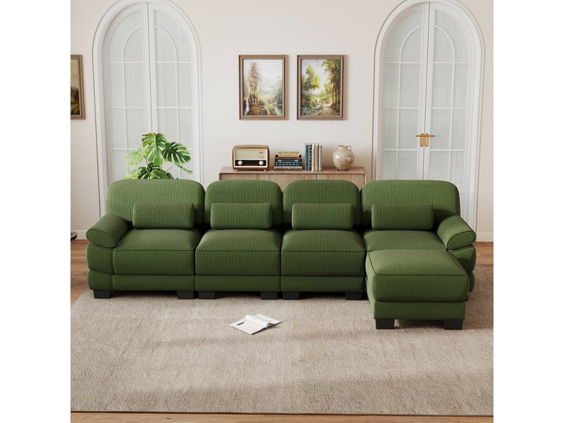  Canapé modulable en l 4 places 336x161x94 cm, combinaison flexible, assise profonde, avec pouf, tissu côtelé, vert  - Conforama D