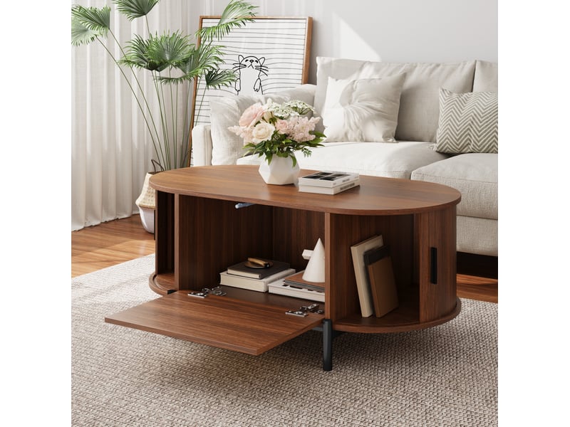  Table basse ovale avec 3 portes coulissantes et rangement en rotin, pieds métal, pour salon, 100 × 50 × 40 cm  - Conforama B