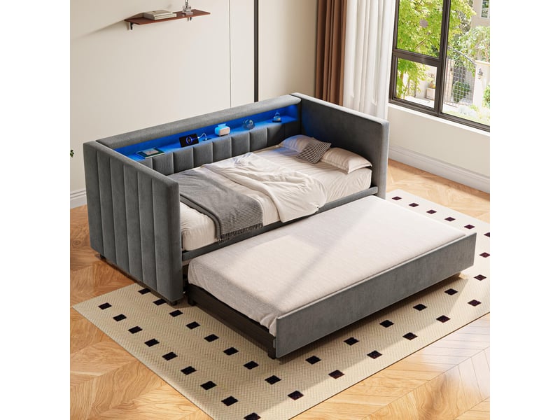 Lit gigogne 90x190cm - canapé lit banquette rembourré velours avec éclairage led, usb type-c & rangement - gris - Conforama D
