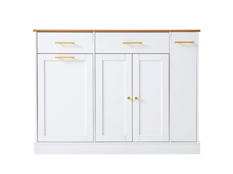  Îlot de cuisine avec plateau rabattable, 120 cm, 2 tiroirs, compartiment pour poubelle, rangement latéral coulissant, blanc et bois naturel  - Conforama A