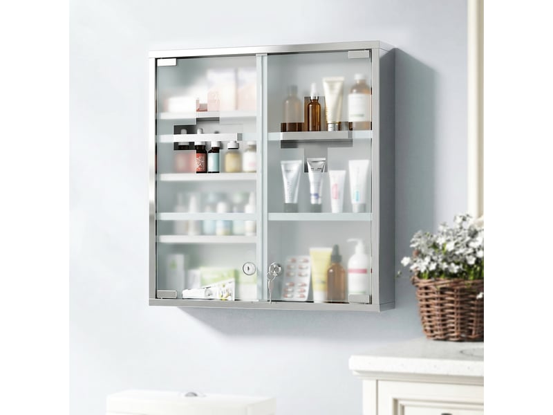  Armoire à pharmacie murale avec portes en verre verrouillables 2 clés, étagères de rangement, 46 x 12 x 48 cm, argenté  - Conforama D