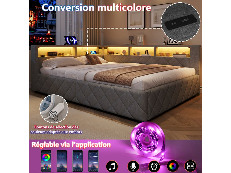 Lit coffre hydraulique 140x200 cm avec led, rangement ouvert et usb, tissu lin gris, structure mdf, sans matelas - Conforama D