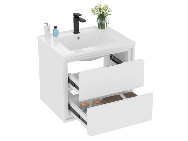 Meuble de salle de bains mural moderne 60x46x50 cm avec éclairage led, armoire de rangement avec 2 tiroirs, mdf blanc - Conforama A